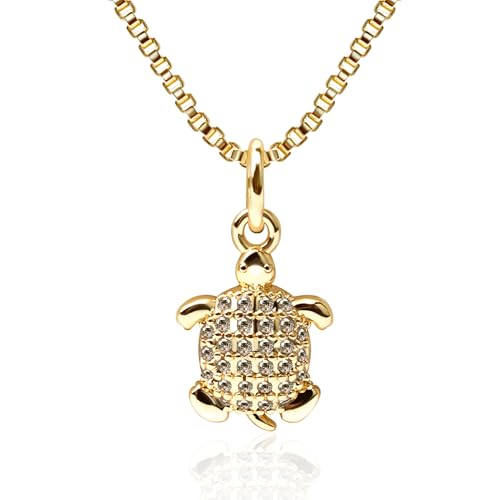 Dainty Gold Necklace for Women, 14K Gold Plated Cubic Zirconia Pendant Necklace, Dainty Fish Sea Turtle Pendant Necklace Ocean Beach Cute Trendy Gold Jewelry Necklaces for Women Gift - style: Sea Turtle