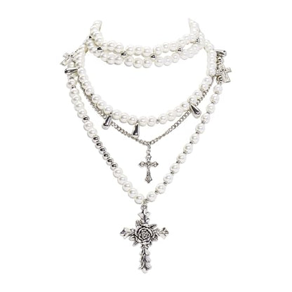 Bocar Gothic Cross Layered Pearl Necklace Chunky Statement Stacked Necklace Y2K Silver Layered Necklace for Women (NK-10769) - color: necklace