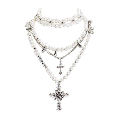 Bocar Gothic Cross Layered Pearl Necklace Chunky Statement Stacked Necklace Y2K Silver Layered Necklace for Women (NK-10769) - color: necklace