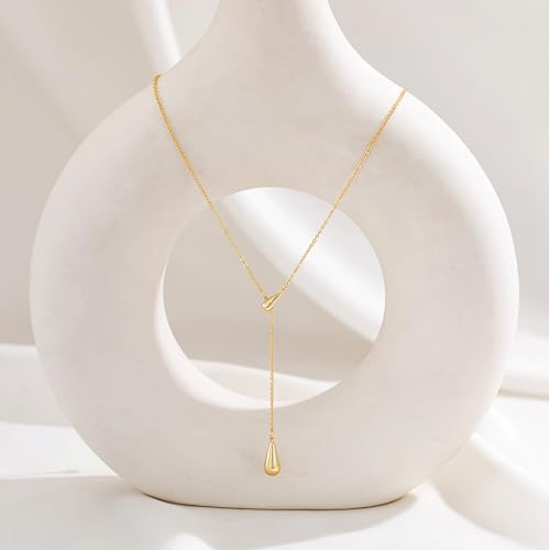 CHESKY Lariat Gold Necklace for Women, Dainty Long Necklace 14k Gold Plated Y-Shaped Pendant Necklace Trendy Layered CZ Beaded Chain Drop Necklaces Simple Gold Jewelry for Women Gifts - color: 3