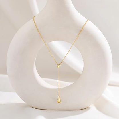 CHESKY Lariat Gold Necklace for Women, Dainty Long Necklace 14k Gold Plated Y-Shaped Pendant Necklace Trendy Layered CZ Beaded Chain Drop Necklaces Simple Gold Jewelry for Women Gifts - color: 3