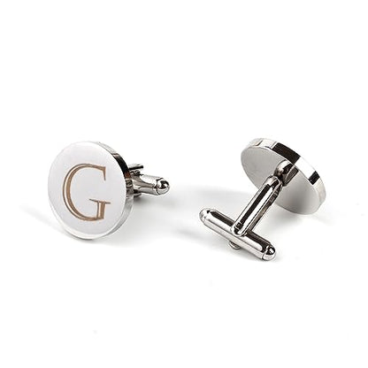 Mens Initial Silver Cufflinks A-Z Alphabet Letter Steel Cuff Links with Engraved Walnut Wood Box Groom Groomsman Wedding Set… - style: G