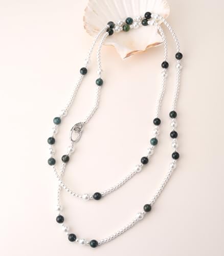 Long Beaded Necklaces for Women Pearl Stone Bead Strand - Layered Sweater Chain Elegant Mother's Day Jewelry Gifts - color: White&Green