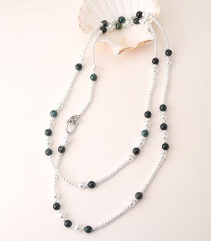 Long Beaded Necklaces for Women Pearl Stone Bead Strand - Layered Sweater Chain Elegant Mother's Day Jewelry Gifts - color: White&Green