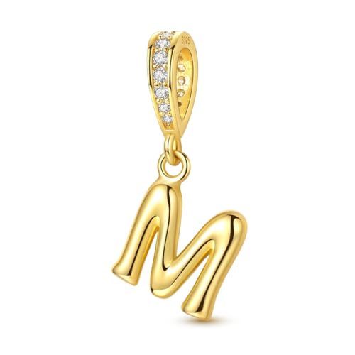 Hapour Gold Initial Letter Charms 925 Sterling Silver Alphabet Beads | 14K Gold Plated, A-Z Letter Charms, For Bracelets Necklace, Cubic Zirconia, DIY Dangle Pendant Beads, For Women Mom - color: Golden initial letter M