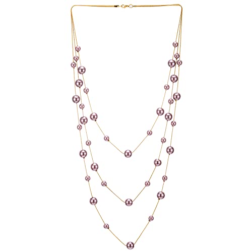 Statement Necklace Three-Strand Long Chains with Synthetic Pearl Beads, Elegant, Dress - color: F-Beads Color: Pink Purple