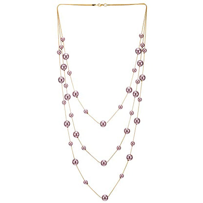 Statement Necklace Three-Strand Long Chains with Synthetic Pearl Beads, Elegant, Dress - color: F-Beads Color: Pink Purple