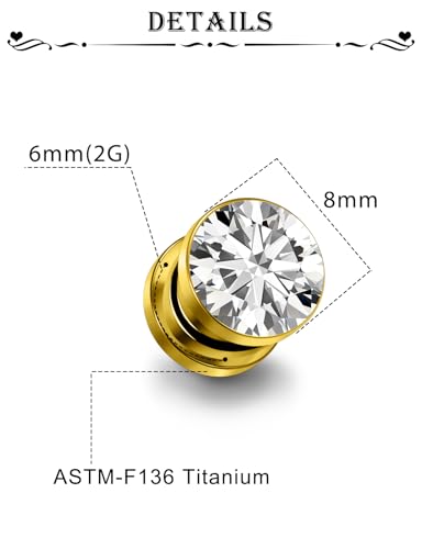 Astm F136 Titanium CZ Ear Gauges Screw Fit Flesh Tunnels Plugs Gauges Earring Expander Stretcher Ear Tunnels For Ears 10G 8G 6G 4G 2G 0G 00G Plug Earrings Body Piercing Jewelry For Women Men - color: 2G Gauges, Gold