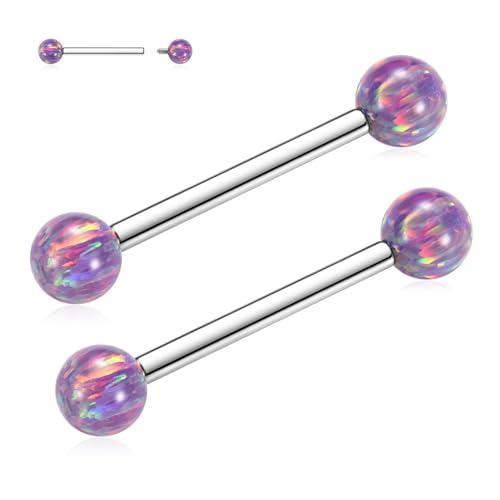 Opal Nipple Rings G23 Titanium Nipple Jewelry for Women Bridge Rings | 14G Nipple Piercings,Internally Threaded Nipple Barbells,1 Pair Tongue Rings,Nipple Bars,Straight Barbells 12mm-18mm - color: Styele2:Purple Opal,Silver, size: 14G+11/16"(18mm)
