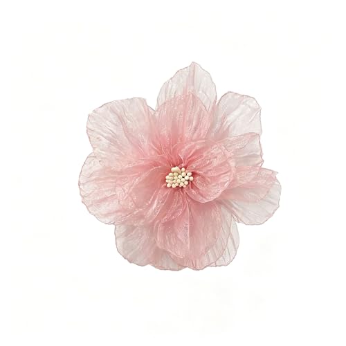 Elegant Organza Flower Brooch Pin for Women Men Delicate Fabric Camellia Floral Lapel Pins Dress Skirt Scarf Hat Clothing Decoration Accessories Holiday Wedding Party Fashion Jewelry 100mm - color: Pink