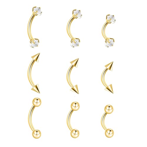 9PCS Gold Eyebrow Piercing Jewelry Titanium, Rook Jewelry Gold Surgical Steel Silver Eyebrow Rings for Women Men CZ Tiny Labret Lip Daith Navel Belly Button Helix Tragus Piercing Jewelry 16G 6mm/8mm/10mm - style: Gold