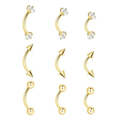9PCS Gold Eyebrow Piercing Jewelry Titanium, Rook Jewelry Gold Surgical Steel Silver Eyebrow Rings for Women Men CZ Tiny Labret Lip Daith Navel Belly Button Helix Tragus Piercing Jewelry 16G 6mm/8mm/10mm - style: Gold