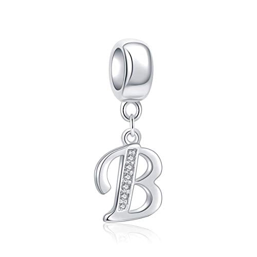 925 Sterling Silver Charms Alphabet Beads fit Pandora Charm Bracelets A-Z Letter Initial Spacer Dangle Clear CZ Stone Authentic for Snake Chain Bracelets - color: B