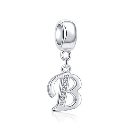 925 Sterling Silver Charms Alphabet Beads fit Pandora Charm Bracelets A-Z Letter Initial Spacer Dangle Clear CZ Stone Authentic for Snake Chain Bracelets - color: B