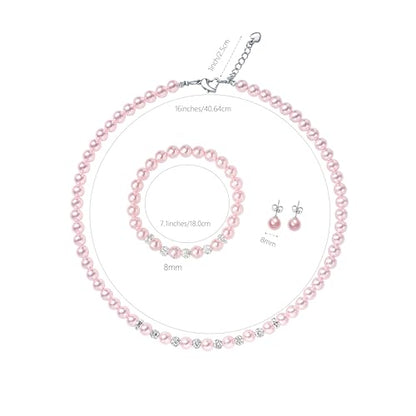 6mm Pearl Jewelry Set for Women & Girls, Necklace Bracelet Earrings | Sparkling Rhinestone Detail, Faux Pearl Set, Prom Gift - style: 16 inches pink