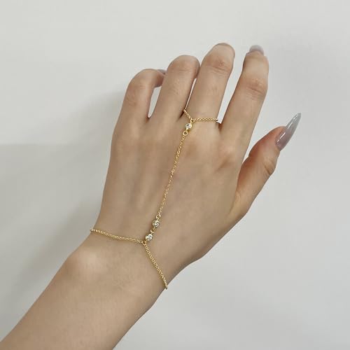 Kakikaki 925 Sterling Silver Finger Ring Bracelet Hand Chain for Women | Slave Bracelets 7" to 9" Adjustable - color: Gold, style: 3 Diamond