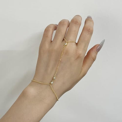 Kakikaki 925 Sterling Silver Finger Ring Bracelet Hand Chain for Women | Slave Bracelets 7" to 9" Adjustable - color: Gold, style: 3 Diamond