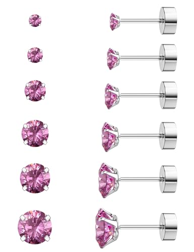 6 Pairs Hypoallergenic Cubic Zirconia Earrings Surgical Steel Flat Back Studs for Cartilage, Screw Back Fashion Jewelry - color: A-011-Pink