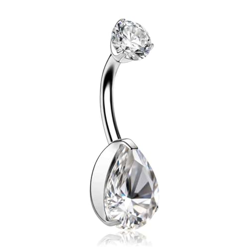 Titanium Floating Belly Button Rings 14G, ASTM F136 Implant-Grade Curved Barbell, Internal Thread with 6mm Teardrop Gems, Sparkle Navel Piercing Jewelry, 10mm/12mm Length - color: Teardrop Silver-Clear CZ, size: 3/8"(10mm)