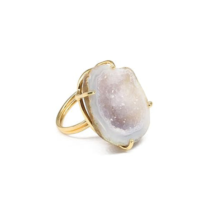 Elegant Geode Druzy Gemstone Statement Ring for Women, Adjustable Ring, Gold Plated Stone Size 20-25mm - color: Gray, style: 1