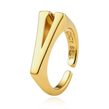 Cicy Bell Initial Rings for Women 18k Gold Plated Adjustable Rings | Open Signet Rings, Bold Letter, Personalized Engraved, For Party - color: Initial-V