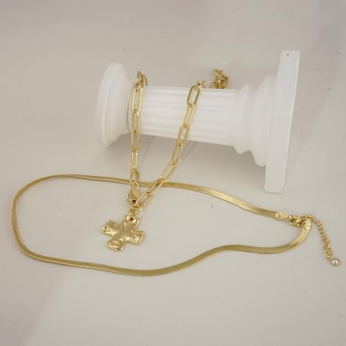 Bheop Chunky Cross Necklace for Women, 14K Gold Silver Statement Necklace | Sturdy Paperclip Chain, Hammered Pendant, Vintage Charm, Trendy Costume Jewelry, Faith Christian Religious Gift, Non Tarnish - style: GD-2PCS/0.8 inch Cross+Herringbone Necklace