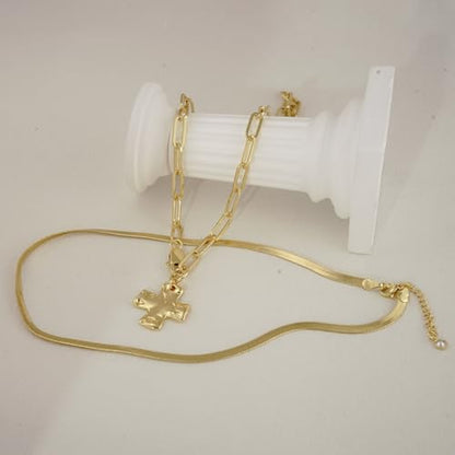Bheop Chunky Cross Necklace for Women, 14K Gold Silver Statement Necklace | Sturdy Paperclip Chain, Hammered Pendant, Vintage Charm, Trendy Costume Jewelry, Faith Christian Religious Gift, Non Tarnish - style: GD-2PCS/0.8 inch Cross+Herringbone Necklace