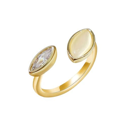 NewZenro Dainty Cat's Eye Marquise Cut Cubic Zirconia Open Ring for Women Gold/Silver Plated Fashion Crystal Geometry Adjustable Stackable Wedding Finger Band Promise Rings Comfort Fit Trendy Jewelry - color: Gold