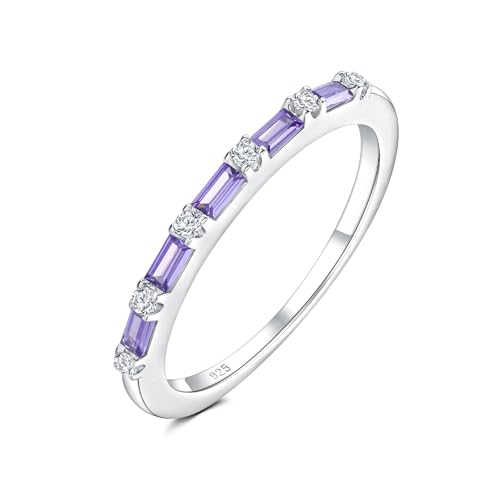 1.5mm Thin Eternity Rings for Women Sterling Silver Stackable Rings | Dainty Stacking Birthstone Ring, Sapphire/Emerald/Ruby/Cz Baguette Wedding Bands, for Anniversary Jewelry Size 6-10(with Box) - color: 02-Amethyst