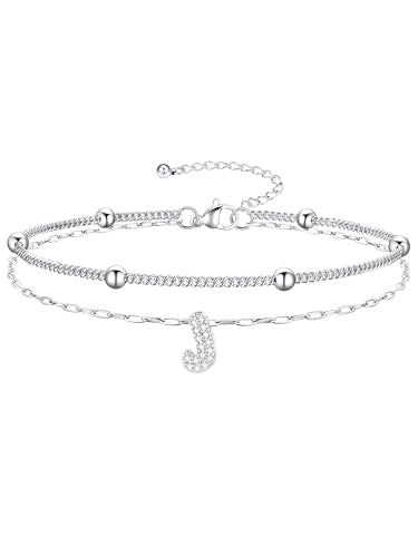 Richsteel Initial Ankle Bracelets for Women Waterproof, 14K Gold Plated/Silver Stainless Steel Anklets, Dainty Adjustable Layered Anklets with Bubble Letter, Non Tarnish Summer Beach Jewelry with Gift Box - color: J-Silver