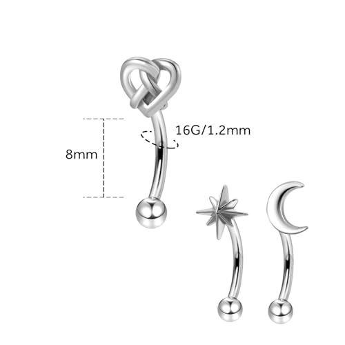 3Pcs Eyebrow Rings, 16G Threaded Gold Rook Earrings Piercing Jewelry for Women Men 316L Stainless Steel Lip Labret Barbells Ring - color: Silver, size: 16 gauge(1.2mm)-8mm