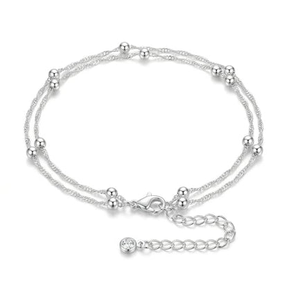 Dainty Anklets for Women, 14K Gold Plated & Sterling Silver Plated Ankle Bracelets, Adjustable, Waterproof & Hypoallergenic Summer Beach Foot Jewelry in Assorted Styles - style: 2 anklet beads silver