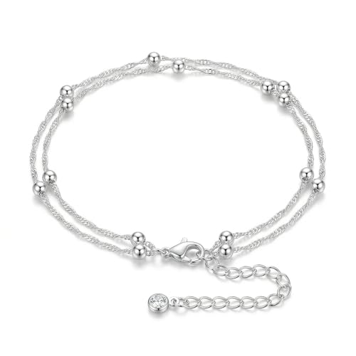 Dainty Anklets for Women, 14K Gold Plated & Sterling Silver Plated Ankle Bracelets, Adjustable, Waterproof & Hypoallergenic Summer Beach Foot Jewelry in Assorted Styles - style: 2 anklet beads silver