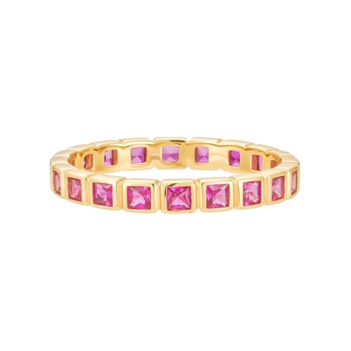 CAITLYNMINIMALIST Minimalist Eternity Bezel Gold Birthstone Ring, Dainty Stacking Gemstone Ring for Her, 18K Gold Plated Summer Jewelry, Personalized Gift for Her - color: Ruby