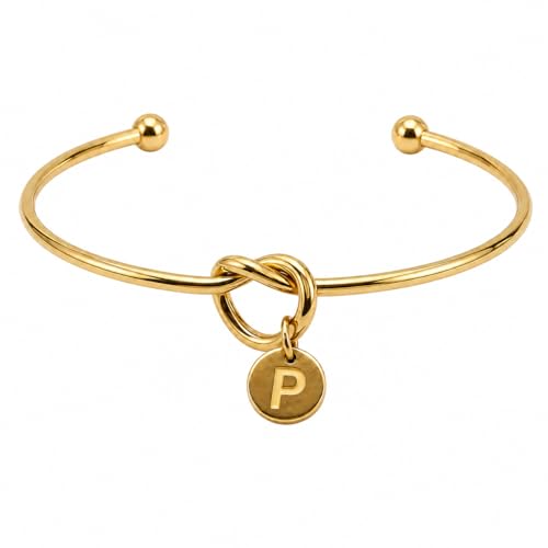 LemonRose Initial Bracelets for Women - Dainty Tie the Knot Letter A-Z 14K Gold Plated for Women Gold Cuff Bracelet for Womens Jewelry Personalized Bridesmaid Proposal Gifts - color: Gold P