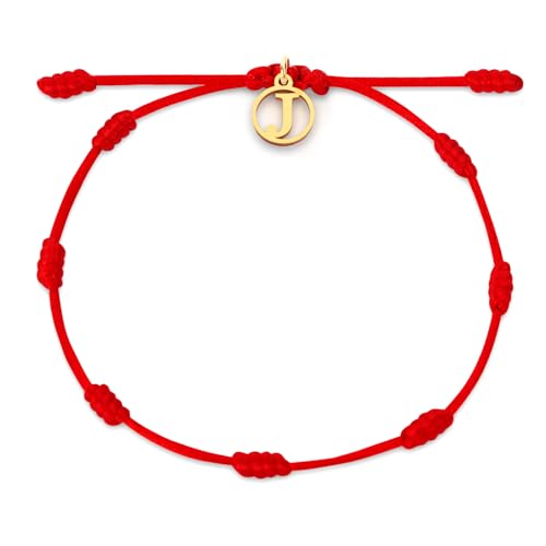 Red String Bracelet with Initial Letter and 7 Protective Knots – Adjustable Kabbalah Bracelet for Women & Men, Personalized Good Luck Charm for Positive Energy - color: J