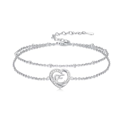 Dorunmo Initial Anklet 925 Sterling Silver Letter A-Z Layered Heart Anklet Beach Jewelry Birthday Gifts for Women - color: E