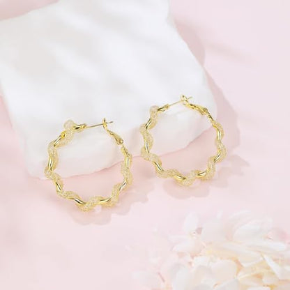 14K Gold Braided Texture Hoop Earring, 32/40mm Twist Rope Design Round Hoop Earrings for Women Gold Jewelry Gifts for women - style: Braided Earrings-40mm