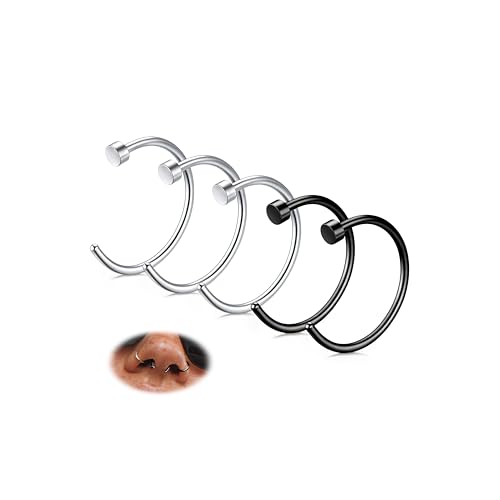 18G 20G 22G Nose Rings Hoops for Women Nose Piercing - Hypoallergenic 316L Stainless Steel Hoop Nose Rings Piercing Jewelry 5PCS Gold Silver Black Tone - color: Silver+Black Plated