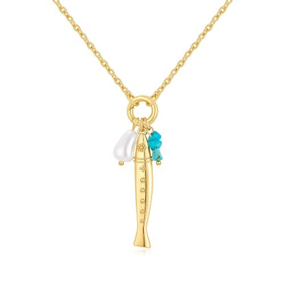 YUJIE Dainty Fish Pendant Necklace for Women 14k Gold Plated Ocean Fish Charm Necklace Summer - color: sardine