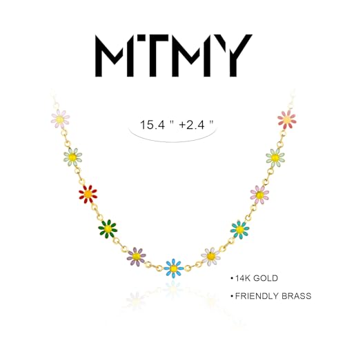MTMY Beaded Necklaces for Women 14K Gold Plated Dainty Colorful Green/Rose Beaded Pearl Choker Necklace Delicate Boho Choker Necklace Jewelry Gift - style: Colorful daisies