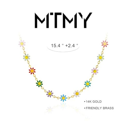 MTMY Beaded Necklaces for Women 14K Gold Plated Dainty Colorful Green/Rose Beaded Pearl Choker Necklace Delicate Boho Choker Necklace Jewelry Gift - style: Colorful daisies