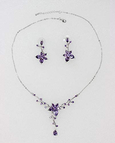 Faship Gorgeous CZ Crystal Floral Necklace Earrings Set - color: Purple