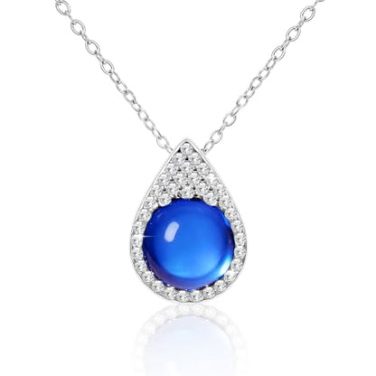 Women Trendy Faux Crystal Pendant Necklace 18K Gold/Silver Plated | CZ Halo Teardrop Drop Pendant Necklace Lightweight Fashion Jewelry Set Stackable For Wedding Daily Wear - color: Dark Blue