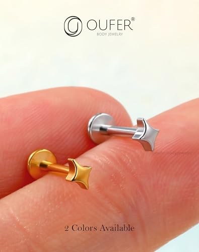 OUFER G23 Titanium Threadless Labret Studs – Flat Back Push Pin Earrings for Tragus, Helix, Monroe, Conch, Lip Piercing – 16G/18G, 6MM/8MM - color: Gold-4Star, size: 18g 10mm