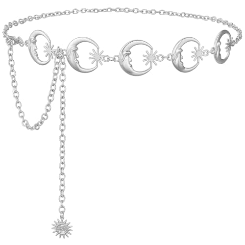 SUOSDEY Pirate Waist Chain Belts for Women Multilayer Metal Belly Chain Belt Fashion Accessories for Dress - color: A-sliver Moon, size: XL: Fit for Waist up to 51 inches