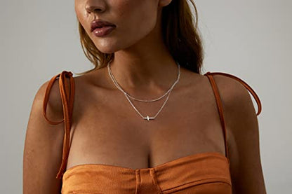 VIROMY Gold Cross Necklace for Women 14K Gold Plated Cute Sidways Cross Pendant Choker Necklaces Simple Trendy Everyday Jewelry for Women - style: Layered Sideways Cross-38/42CM-Silver