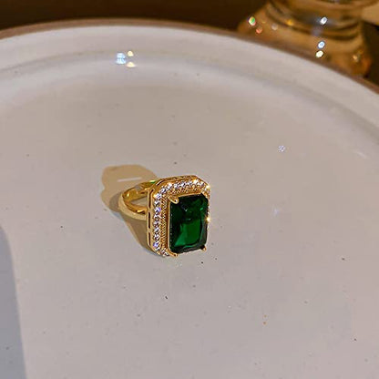 Green Gemstone Statement Ring Women's Classical Engagement Crystal Wedding Party Open Rings Cubic Zirconia Adjustable Finger Gold-Tone Plated for Women Mom Valentine's Day Anniversary Jewelry Gift