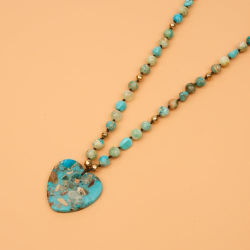 Long Necklaces for Women Boho, Oval Waterdrop Turquoise Pendant, Natural Stone Beaded, Handmade,Vintage & Elegance, Boho Fashion Charm Beaded Necklace for Women - style: Q-Heart-Shaped Turquoise
