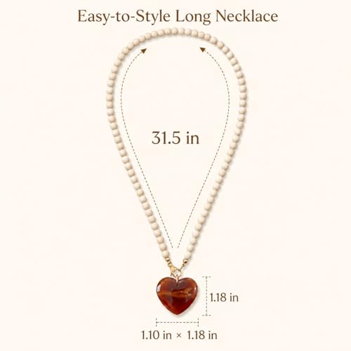 Wood Bead Heart Necklace for Women Amber Color Resin Heart Pendant Natural Wooden Beaded Necklace Boho Long Vacation Jewelry Gift - color: B1:wood beaded necklace